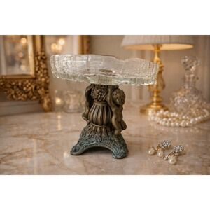 Antique Cut‎ Glass Compote Cherub Bronze Pedestal Dish Victorian Art Deco